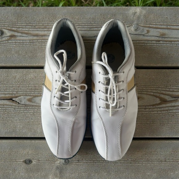 Footjoy Golf Shoes Women 6.5 M Summer Series Leather White Tan Pulsar Cleats - Picture 2 of 5